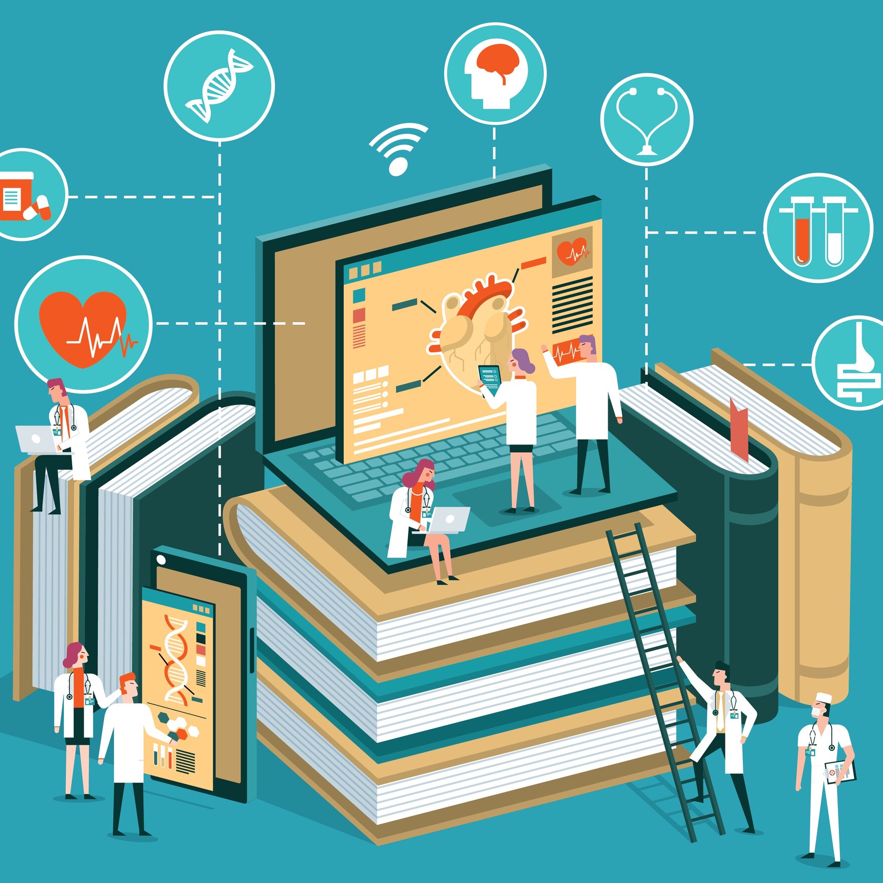 grafische Darstellung Medizin lernen, Bücher, Laptops, Ärztinnen und Ärzte
