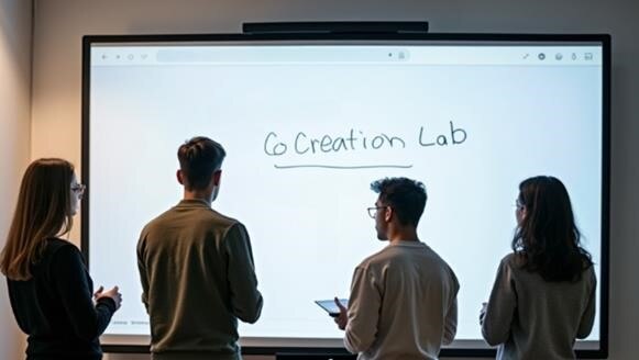 4 Menschen stehen vor einem großen Bildschirm mit der Überschrift "Co Creation Lab"